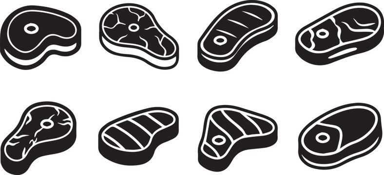 Raw Beef Steak Icon Set Meat Cut Silhouette BBQ Vector
