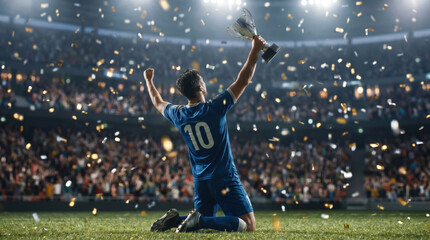 Soccer player celebrating victory holding trophy cup on stadium with falling confetti