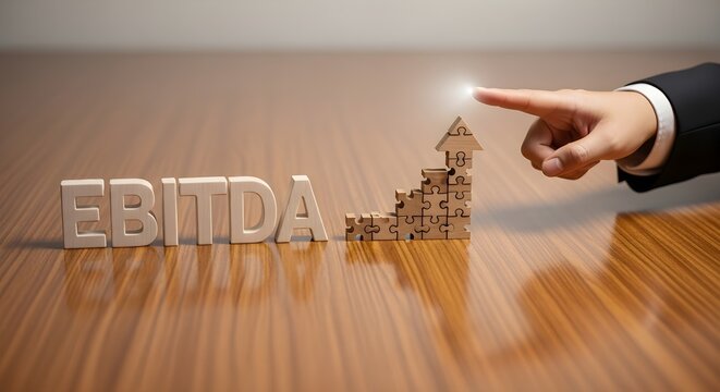 EBITDA concept illustration with a growing arrow made of puzzle pieces and a businessman's hand pointing towards it