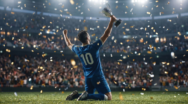 Soccer player celebrating victory holding trophy cup on stadium with falling confetti