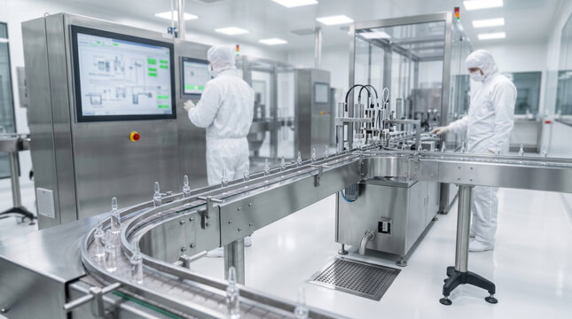 Automated pharmaceutical production line with workers in sterile uniform manufacturing medical vaccines