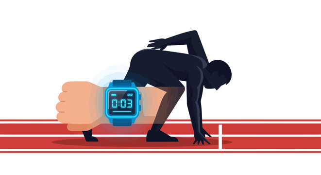 Runner at starting line with stopwatch, ready to sprint fast