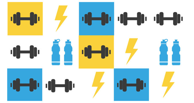 Fitness themed pattern with dumbbells water bottles and lightning bolts