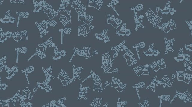 Scattered drawings of eiffel towers, cameras, and windmills on gray ideal for travel blogs, social media posts, and stationery design.