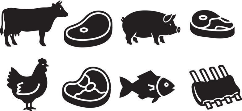 Meat and Livestock Silhouette Icons Set for Butcher and BBQ