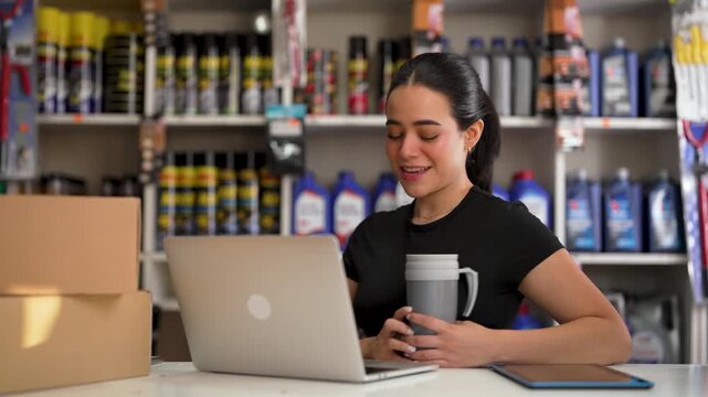 Hispanic woman working on her laptop in an auto parts store while enjoying a cup of coffee