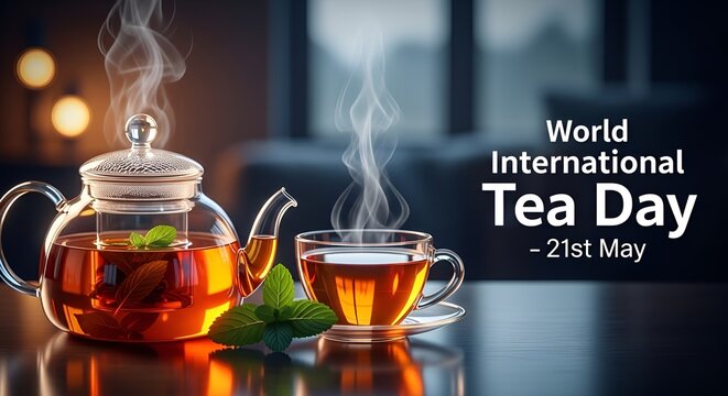 Tea celebration concept for international tea day with hot beverage in glass teapot and cup on dark background showing steam aroma freshness and global drink culture See Less
