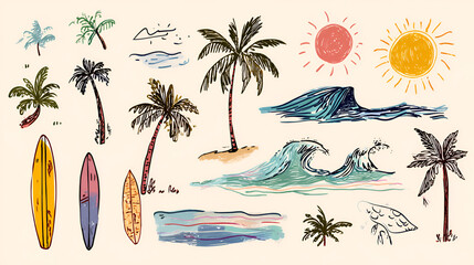 Obraz premium Hand drawn doodle beach and surf vector illustration set. Tropical coastal elements like palm trees, waves, surfboards, and sun perfect for summer designs, t-shirts, posters, and placard prints. 