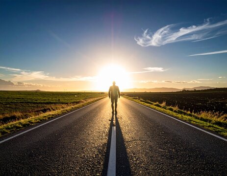A silhouette of a runner crossing the finish line against a glowing sunset sky with copy space, representing achievement