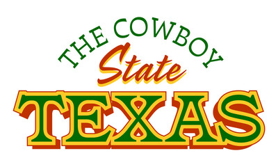 Obraz premium A vintage-style typographic design featuring the text 'The Cowboy State TEXAS' in a bold, Western-inspired color palette of green, gold, and red.