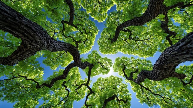 Majest&auml;tische alte Eichen breiten ihre massiven &Auml;ste vor einem leuchtend blauen Himmel aus und zeigen das &uuml;ppige gr&uuml;ne Bl&auml;tterdach in beeindruckender Froschperspektive. Das Bild vermittelt St&auml;rke