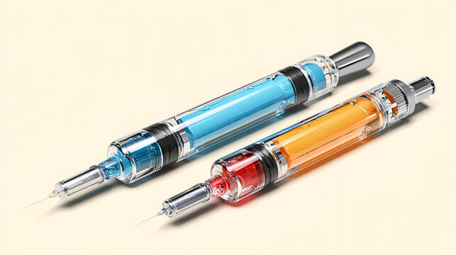 Medical injector pens for diabetes and weight loss therapy. Semaglutide Ozempic and Mounjaro tirzepatide auto-injectors. Healthy lifestyle, body transformation, diabetic care, obesity treatment. 