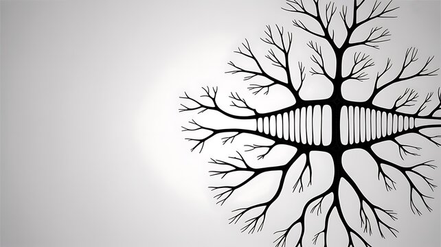 Neuron cell body with dendrites and axon illustration on grey background