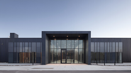 Fototapeta premium Modern industrial building with dark facade and glass entrance, architectural detail