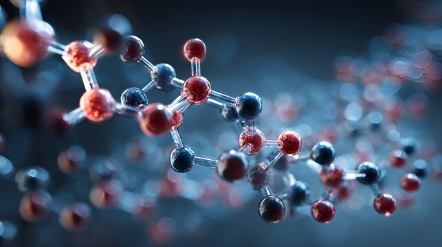 Molecular chain structure: Atomic bonding and covalent links in a macromolecular sequence. Complex polymerization, dna molecule geometry, and chemical synthesis pathways macro biochemical