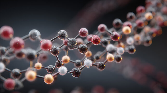 Molecular chain structure: Atomic bonding and covalent links in a macromolecular sequence. Complex polymerization, dna molecule geometry, and chemical synthesis pathways macro biochemical