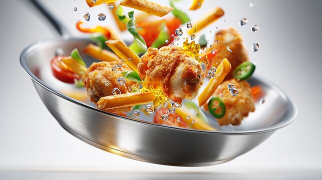 Eine Bratpfanne mit frittiertem Essen, Gem&uuml;se und Nudeln wird dynamisch in die Luft gehalten, w&auml;hrend Dampfblasen aufsteigen. Das Bild eignet sich hervorragend f&uuml;r Gastronomie und Kochthemen