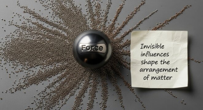 Metal sphere labeled Force amidst scattered particles