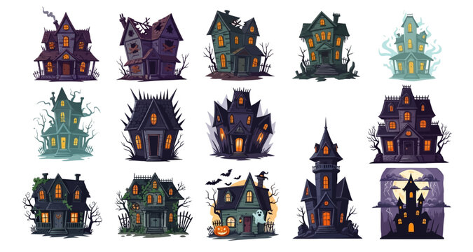 A collection of cartoon haunted houses in various spooky designs
