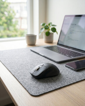 Modern minimalist home office desk setup featuring a laptop, smartphone, wireless mouse, and a small potted plant on a felt desk mat