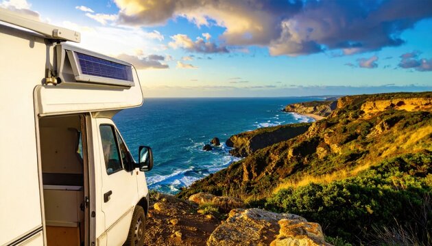 campervan parked on seaside cliff with solar panels overlooking blue ocean during sunset, adventure travel, van life, road trip, nature freedom