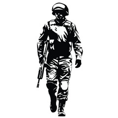 Obraz premium Determined military soldier in full tactical uniform walking forward with a protective helmet