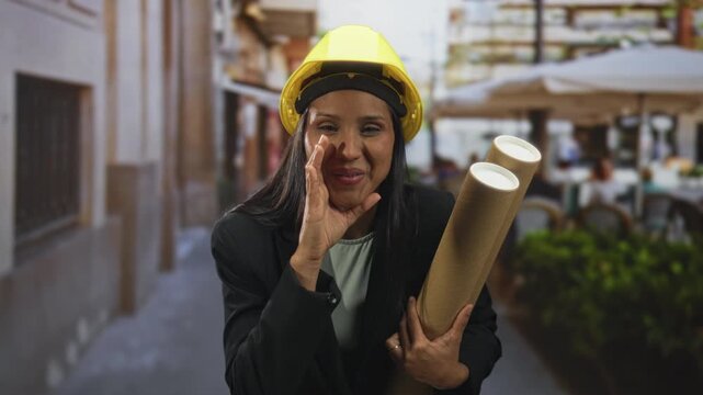 Woman architect in hardhat holds rolled blueprints and cups hand to mouth calling on street; confidence planning teamwork.