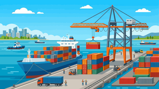 A vibrant flat design illustration capturing the dynamic activity of a seaport container terminal with ships, stacked containers, and a gantry crane.