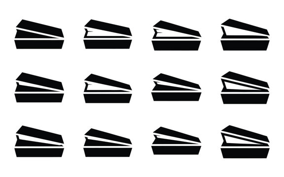 Minimalist silhouettes of 12 coffins arranged in a grid symbolizing mortality and remembrance monochromatic black and white design vector icon set