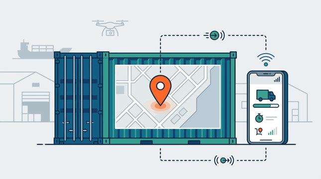 A cutting-edge flat design illustration depicting smart logistics and real-time container tracking with digital map overlays and smartphone integration.