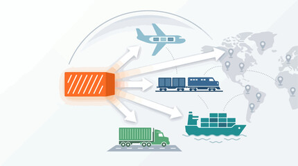 Obraz premium A comprehensive flat design illustration outlining freight forwarding services, showing a shipping container connecting to various transport modes and destinations. 