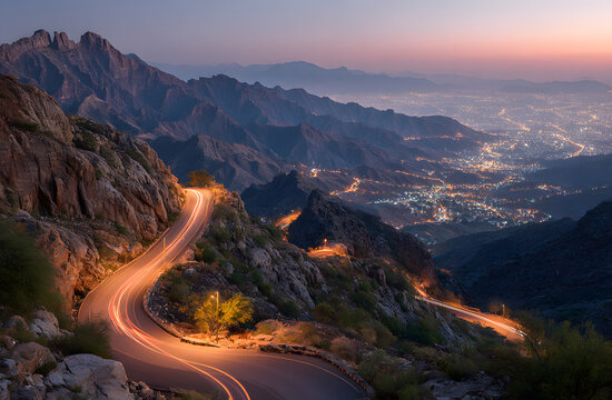 Zigzag mountain road features car light trails at dusk in Al Hada, Taif, Saudi Arabia. Illuminated city lights glow below rocky landscape as vehicles create streaks of light on winding highway,