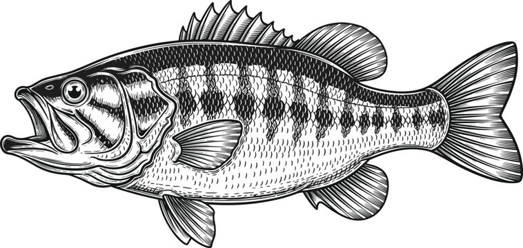 Detailed fish engraving illustration freshwater bass wildlife nature vintage style aquatic animal drawing