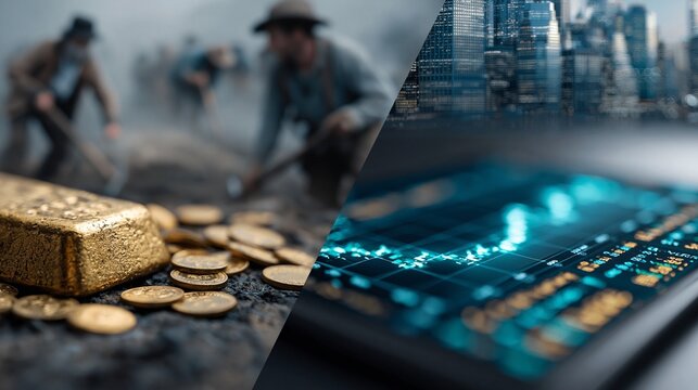 Goldbarren, Minenarbeiter, Sch&uuml;rfer und M&uuml;nzen links, digitales Stadtbild mit Datenstr&ouml;men rechts. Verbindung von traditionellen Rohstoffen und digitaler Wirtschaft