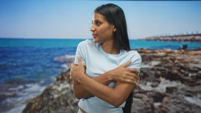 Woman hugging crossed arms with bare forearms, looking uneasy in a studio beach backdrop; vulnerability introspection.