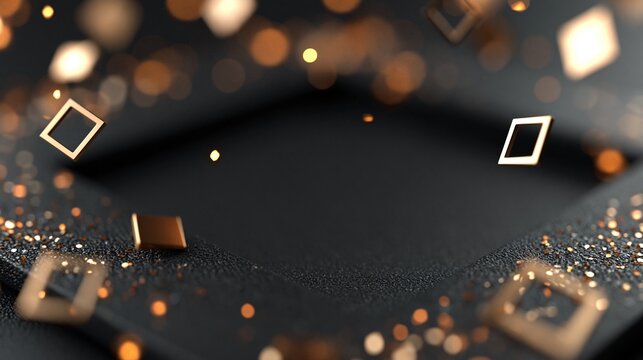Schwarze elegante Fl&auml;che mit schwebenden goldenen geometrischen Formen und Bokeh-Lichteffekten auf dunklem Hintergrund