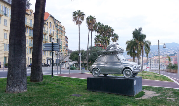 Nice , France - March 9, 2026: A Sunday in Nice, Un dimanche a Nice, is the name of this aluminum cast sculpture of the iconic Fiat 500 car by Stephane Cipre, located in Port Lympia.