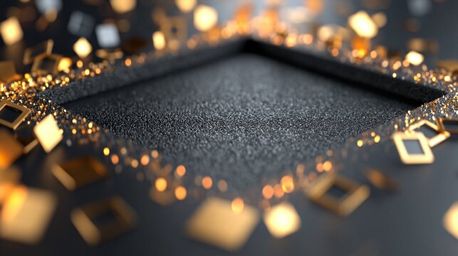 Ein dunkler Hintergrund mit einem runden Rahmen aus goldenem Glitzer, umgeben von schwebenden goldenen Quadraten &ndash; ideal als festlicher Hintergrund