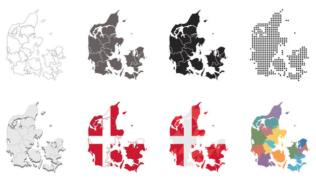 Denmark Map Set with Regions and Borders, Outline, Silhouette, Flag Colors, Dotted, and Low Poly design
