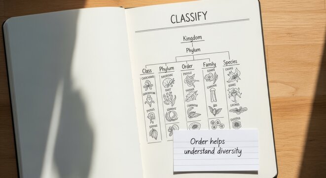 Open notebook displaying a biological classification diagram