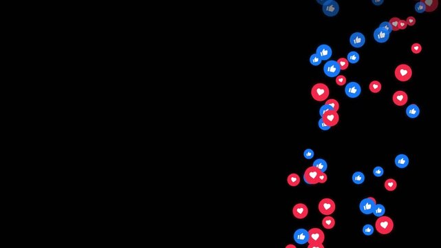 Animated flying thumbs up and heart icons on a black background