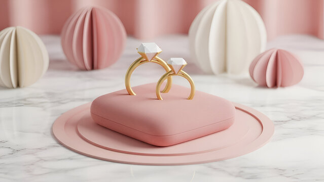 A pink jewelry display with gold rings and decorative objects