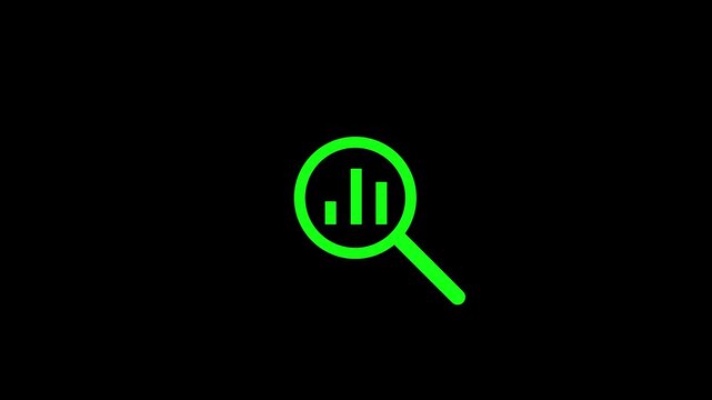 Neon Green Magnifying Glass Icon with Bar Chart for Data Analysis and Market Research on Black Background.