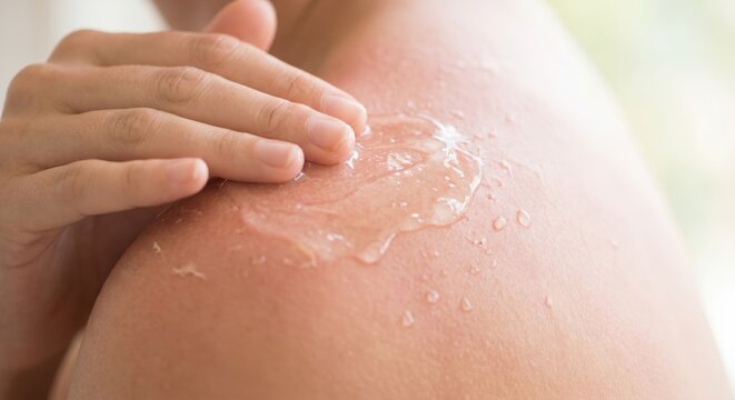 Person applying aloe vera gel to peeling sunburn on back