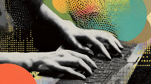 Trendy Halftone Collage Artificial intelligence and digital technology. Hands typing promt on keyboard. AI powered search engine. Generate content. Contemporary vector illustration art Stock Vector
