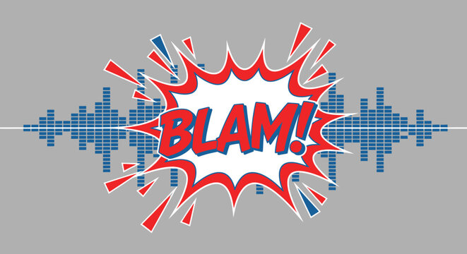 Dynamic Comic Speech Bubble with 'BLAM!' Text and Sound Wave Equalizer on a Grey Background