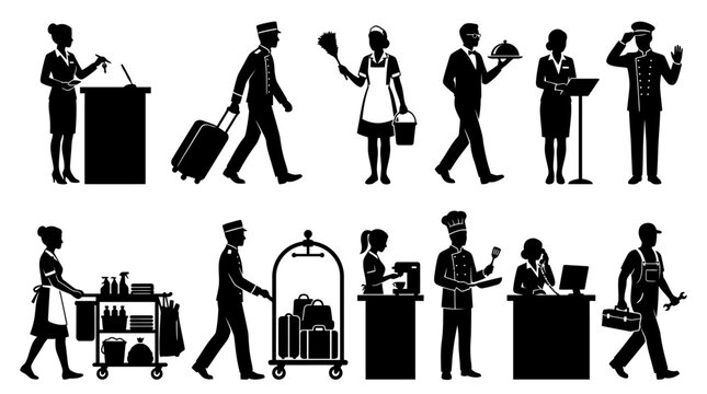 hotel staff silhouettes, hospitality workers icons