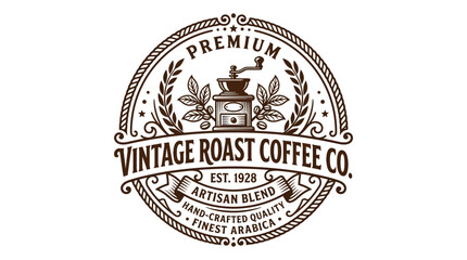 Obraz premium Vintage Coffee Logo with Grinder and Wreath - Premium Artisan Blend