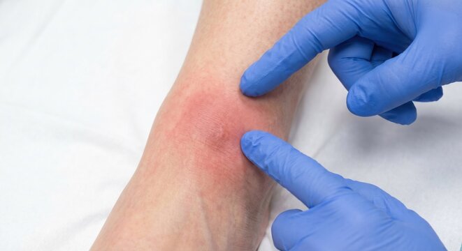 Doctor pointing at stage 1 pressure ulcer on ankle bone