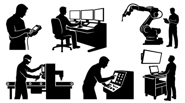 Industrial Automation Silhouettes: Workers Operating Machinery and Robots